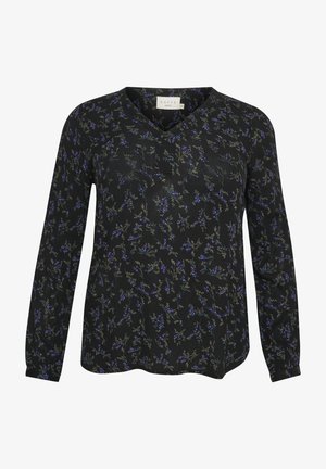 Blouse noire à manches longues avec un décolleté en V, ornée d'un motif floral bleu et vert, en tissu doux et à coupe décontractée.