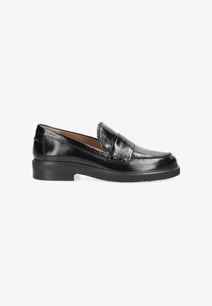 Black leather loafers with a shiny finish, featuring a rounded toe and decorative stitching. Simple rubber sole for casual wear.