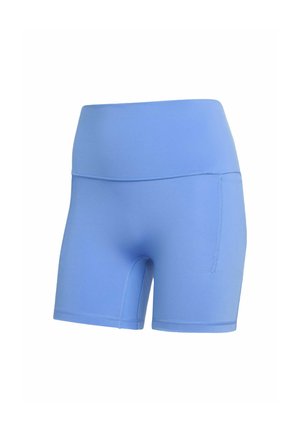 Niebieskie sportowe szorty wykonane z elastycznego materiału, z dopasowanym pasem i boczną kieszenią, gładką fakturą i bez widocznych wzorów.
