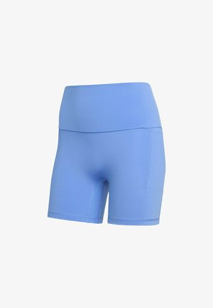 Niebieskie sportowe szorty wykonane z elastycznego materiału, z dopasowanym pasem i boczną kieszenią, gładką fakturą i bez widocznych wzorów.