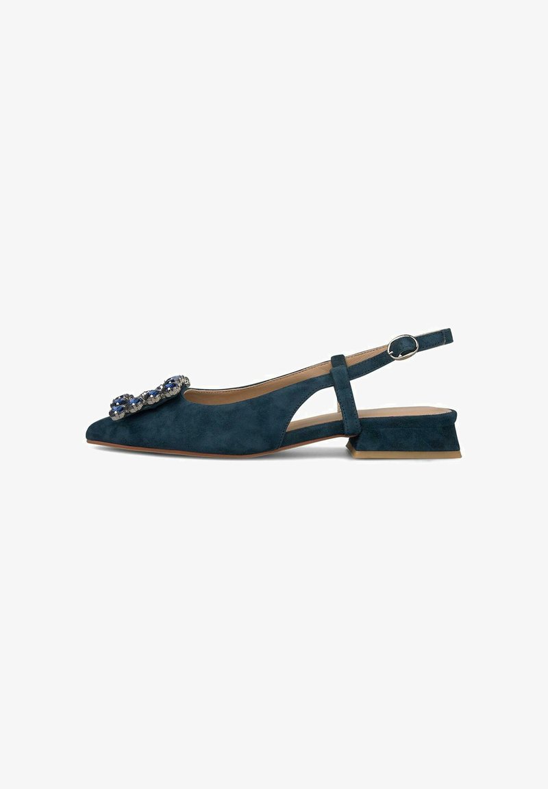 Chaussure plate à bride arrière en daim vert sarcelle foncé avec un petit talon bloc et une grande ornementation décorative bleue et argentée sur l'avant-pointu.