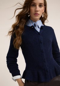 Granatowy kardigan dziany z baskinką, z przodu zapinany na guziki, z prążkowanymi mankietami. Nosi się go na jasnoniebieską, paskowaną koszulę i krawat.