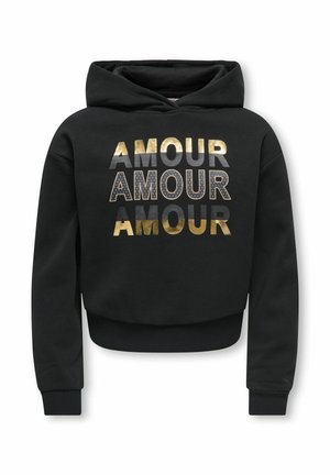 Sweat à capuche noir avec poignets et ourlet côtelés, affichant le mot "AMOUR" imprimé trois fois en lettres métalliques dorées et argentées sur le devant.