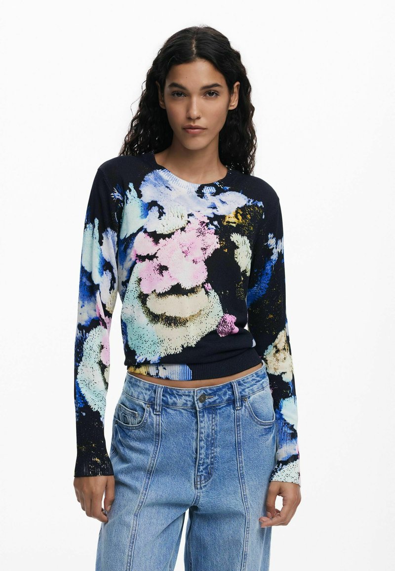 Knit sweater with a round neck, featuring a multicolored floral pattern on a dark background. Long sleeves and ribbed hem.