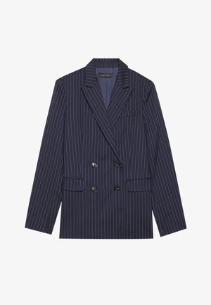 Blazer doppiopetto blu navy con righe bianche, rever a punta, due tasche anteriori e sei bottoni neri, con un tessuto dalla texture liscia.