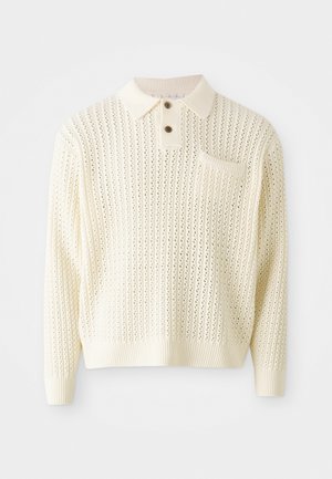Light cream knitted pullover with a textured pattern, two-button placket, and a chest pocket. Features ribbed cuffs and hem.