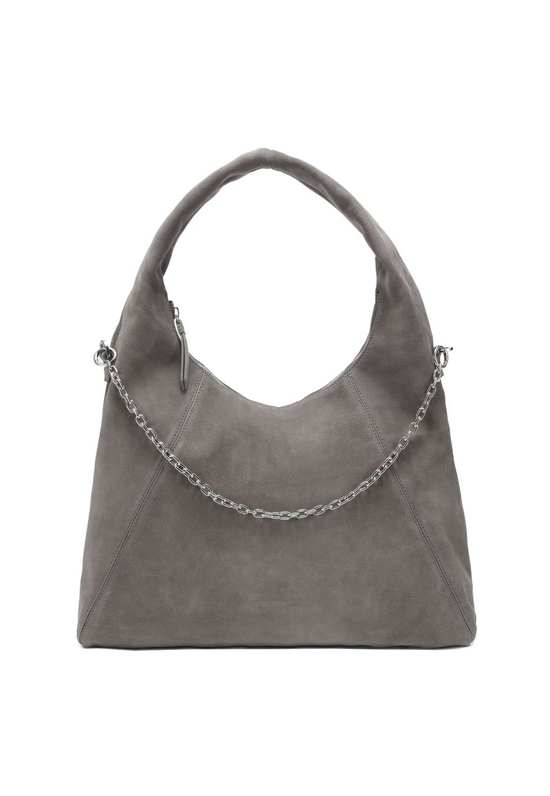 Grijze suède handtas met een enkele hobo-stijl handvat en metalen kettingaccent. Heeft subtiele stiksels en een gladde textuur.