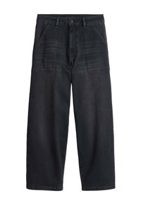 Pantaloni a gamba larga in denim nero con vita alta, grandi tasche frontali e una texture liscia con dettagli di cucitura discreti.