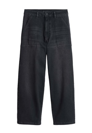 Pantaloni a gamba larga in denim nero con vita alta, grandi tasche frontali e una texture liscia con dettagli di cucitura discreti.
