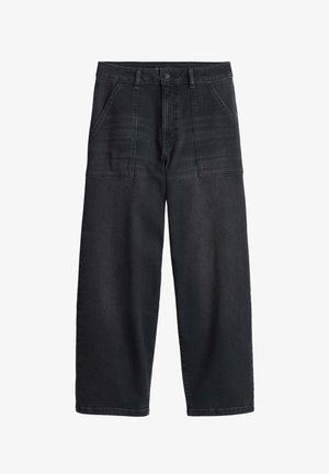 Zwarte denim wijdpantalon met een hoge taille, grote voorkruiszakken en een soepele textuur met subtiele stikdetails.