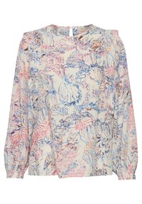 Blusa floreale in tessuto leggero con motivi rosa, blu e arancione. Maniche lunghe con polsini arricciati e scollatura rotonda.