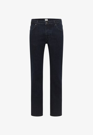 Dunkelblaue, gerade geschnittene Jeans aus Denim mit fünf Taschen, einem vorderen Knopfverschluss und dezenten Steppdetails entlang der Nähte.