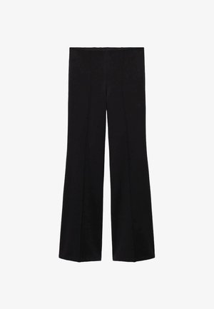 Pantalons noirs taille haute à jambes larges et détails de couture frontale, fabriqués à partir d'un tissu lisse.