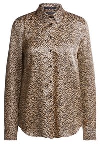 Leopardprint overhemd met knopen in een glanzende stof, voorzien van een kraag, lange mouwen en zwarte knopen, met een ronde zoom en een borstzak.