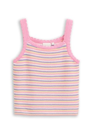 Débardeur tricoté pour enfants avec bretelles roses festonnées et rayures horizontales rose, violet, jaune et blanc.