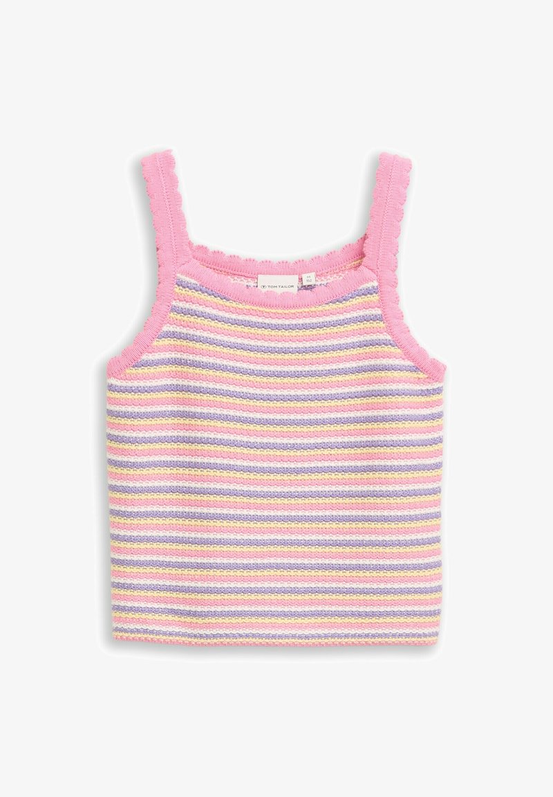 Débardeur tricoté pour enfants avec bretelles roses festonnées et rayures horizontales rose, violet, jaune et blanc.
