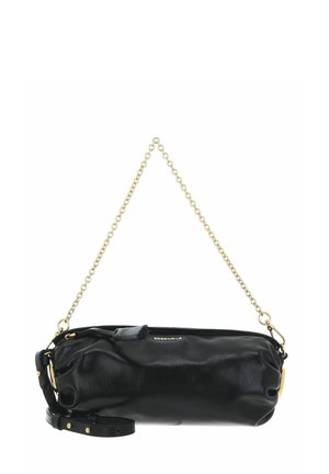 Black cylindrical leather handbag with gold chain strap and adjustable black leather shoulder strap, zipper closure, and subtle logo detail.