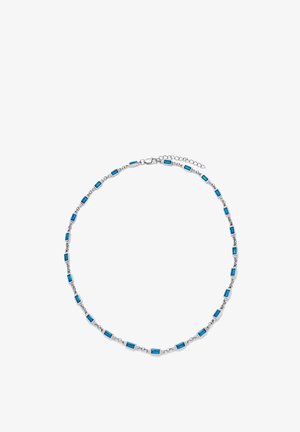 Sølvkjede med jevnt fordelte små blå rektangulære edelstener og en justerbar lås.