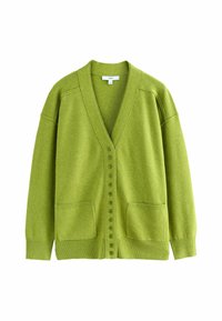 Grüne Strickjacke mit V-Ausschnitt, durchgehender Knopfleiste und zwei Fronttaschen. Hergestellt aus weichem Stoff mit lockerer Passform und gerippten Akzenten.