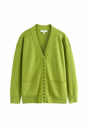 Grüne Strickjacke mit V-Ausschnitt, durchgehender Knopfleiste und zwei Fronttaschen. Hergestellt aus weichem Stoff mit lockerer Passform und gerippten Akzenten.