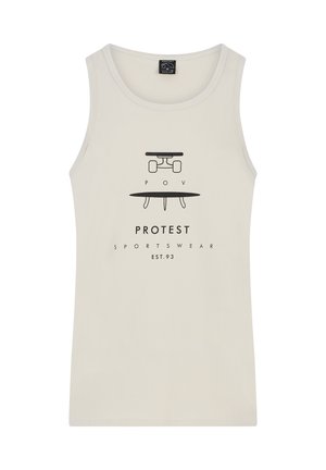 Camiseta de tirantes sin mangas en crema de algodón con un estampado gráfico negro que presenta una patineta, "POV" y el texto "PROTEST SPORTSWEAR EST.93".