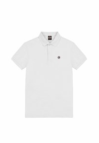 Tricou polo alb cu un guler cu trei nasturi, mâneci scurte și un logo circular pe partea stângă a pieptului. Material din bumbac moale, croială clasică.