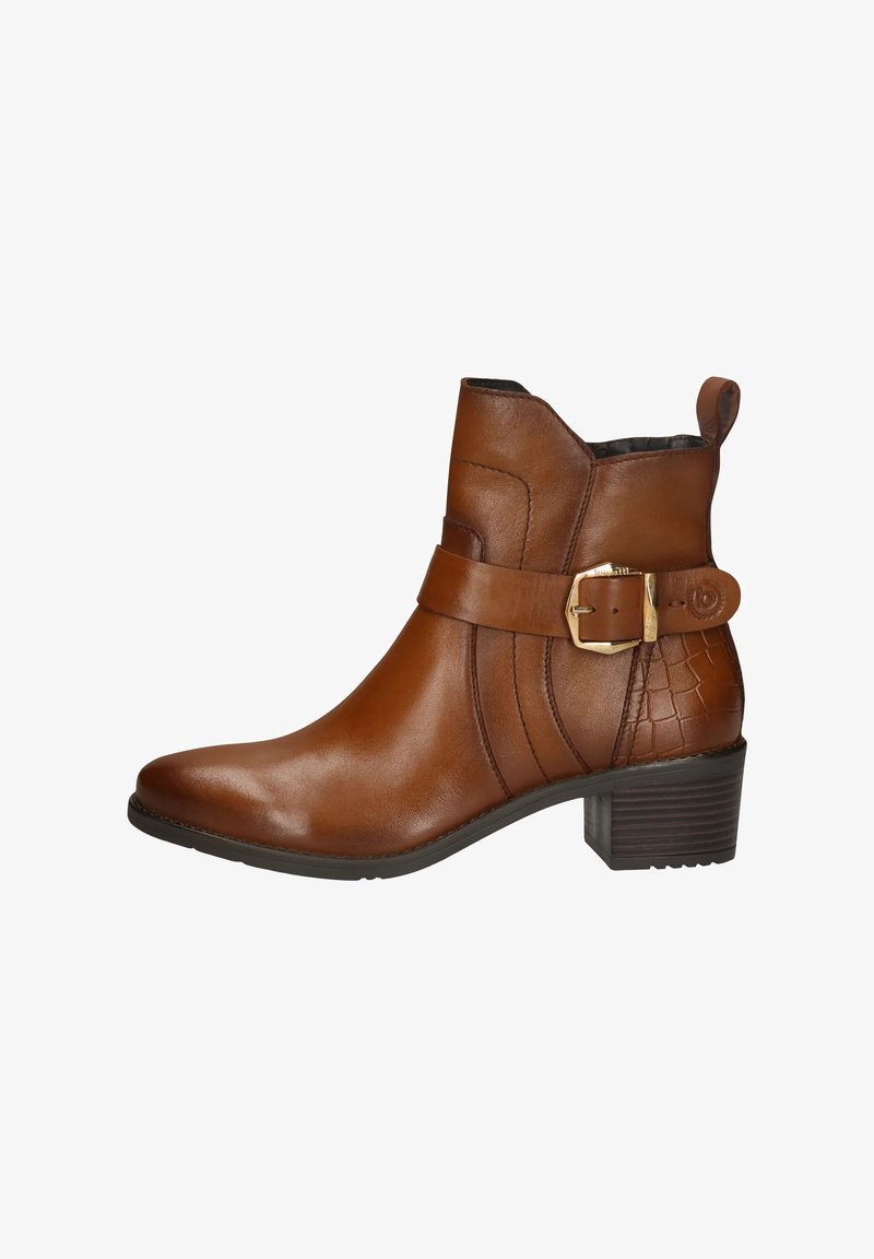 Brown leather ankle boot with a rounded toe, subtle stitching, a side buckle, and a textured accent on the heel. Features a low block heel.