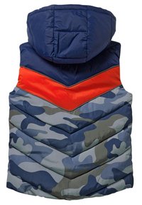 Pletená vesta v námořnické modři s oranžovým a maskáčovým designem. Obsahuje kapuci a vzor ve tvaru šípu, vyrobená z lehkého syntetického materiálu.