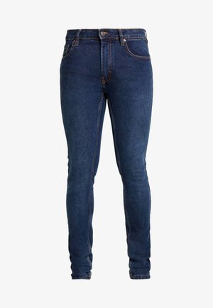 Dunkelblaue Slim-Fit-Jeans mit Knopf- und Reißverschluss vorne, vorderen Taschen und kontrastierenden orangen Nähten.