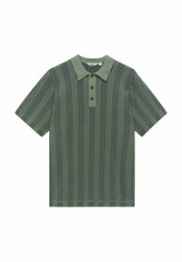Grönrandig polo skjorta med klassisk krage, tre knappar i placket och textil med vertikala mönster. Korta ärmar.