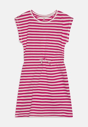 Abito a righe con strisce orizzontali rosa e bianche, maniche corte, scollatura rotonda e maniche regolabili con cordoncino in vita. Tessuto morbido.
