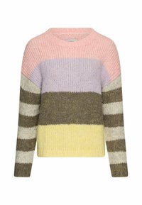 Strickpullover mit rundem Halsausschnitt, versehen mit horizontalen Streifen in Pink, Lavendel, Olivgrün, Elfenbein und Gelb. Strukturiertes Strickmaterial.