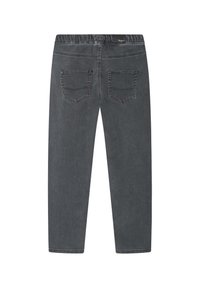 Pantalones de mezclilla gris con una cinturilla elástica, dos bolsillos traseros y detalles de costura sutiles. La tela tiene una textura suave y un acabado blando.