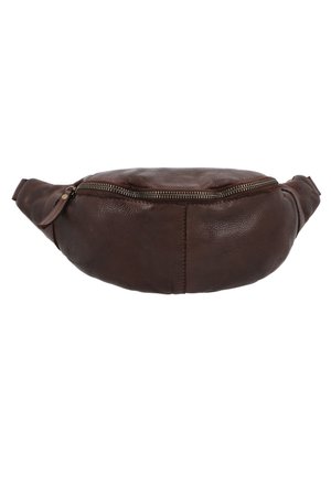 Braune Lederbauchtasche mit geschwungener Form, einem oberen Reißverschluss und einem einzigen Tragegurt. Verfügt über eine strukturierte Oberfläche und dezente Nähte.