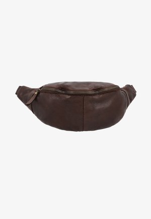 Braune Lederbauchtasche mit geschwungener Form, einem oberen Reißverschluss und einem einzigen Tragegurt. Verfügt über eine strukturierte Oberfläche und dezente Nähte.