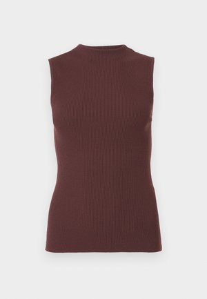 Top sans manches en maille côtelée marron foncé avec col montant et silhouette ajustée.