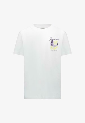 T-shirt en coton blanc avec un graphique floral violet et jaune sur la poitrine gauche, accompagné du texte « Flowerize » et de l'étiquette « CARLS-JEAN SINCE 1982 ».