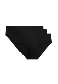 Zwart katoenen slipjes set, drie stuks. Kenmerken een gladde textuur en een medium hoog ontwerp met volledige dekking. Naadloze randen en geen zichtbare hardware.