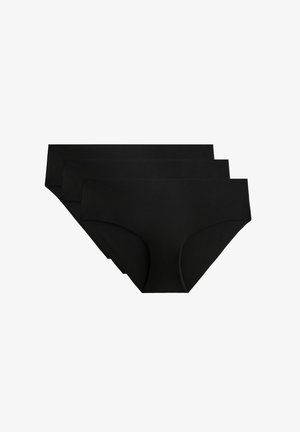 Crni pamukasti donji veš set, tri komada. Karakteriziraju ga glatka tekstura i srednji struk s punim prekrivanjem. Bešavne ivice i bez vidljivog hardvera.