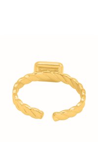Verstelbare gouden ring met een gedraaide banddesign en een rechthoekige solide accent aan de bovenkant, met een gladde, glanzende afwerking.