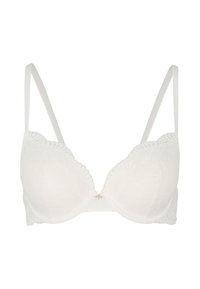 Witte push-up bh met kantafwerking, dunne verstelbare bandjes en een centrale gouden accent, met een gladde textuur en bloemenpatroon.