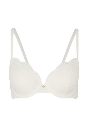 Witte push-up bh met kantafwerking, dunne verstelbare bandjes en een centrale gouden accent, met een gladde textuur en bloemenpatroon.