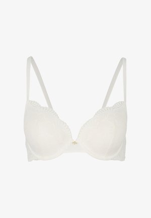 Bra push-up bianco con pizzo, dotato di spalline sottili regolabili e un elegante dettaglio dorato centrale, caratterizzato da una superficie liscia e un motivo floreale.