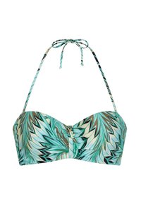 Bikini-Oberteil mit einem tropischen Blattmuster in Türkis, Braun und Creme. Verfügt über ein strukturiertes, gepolstertes Design mit Bindebändern und einem Verschluss vorne.