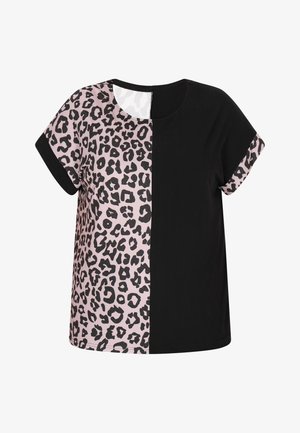 Cămașă cu mânecă scurtă, cu design leopard jumătate negru și jumătate roz, cu manșete pentru mâneci cu imprimeu leopard asortat și decolteu rotund.