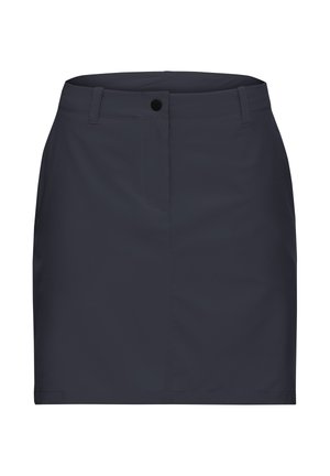 Marineblauer Rock aus glattem Stoff, mit Taillenknopf, Vordertasche und geradem Schnitt. Keine Muster oder Verzierungen vorhanden.