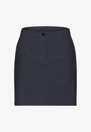 Gonna blu navy realizzata in tessuto liscio, con bottone in vita, tasca frontale e taglio dritto. Senza motivi o decorazioni.