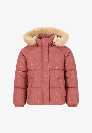 Gepolsterte jacken in rostfarbe mit weißem sprenkelmuster, ausgestattet mit einer mit fell gefütterten kapuze und hohem kragen, präsentiert an einem kind.