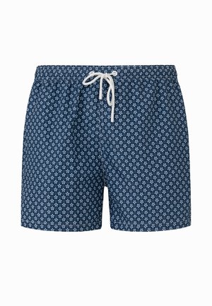 Granatowe kąpielówki z małym białym kwiatowym wzorem i białym sznurkiem w elastycznym pasie.