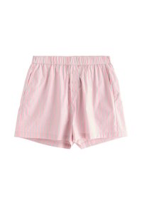 Lyserøde stribede shorts med elastisk talje, prydet med lodrette striber i blå, grøn og hvid. Inkluderer fire knapper og sidelommer.